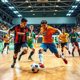 A dynamic and action-packed scene featuring futsal players in a competitive match