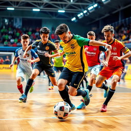 A dynamic and action-packed scene featuring futsal players in a competitive match