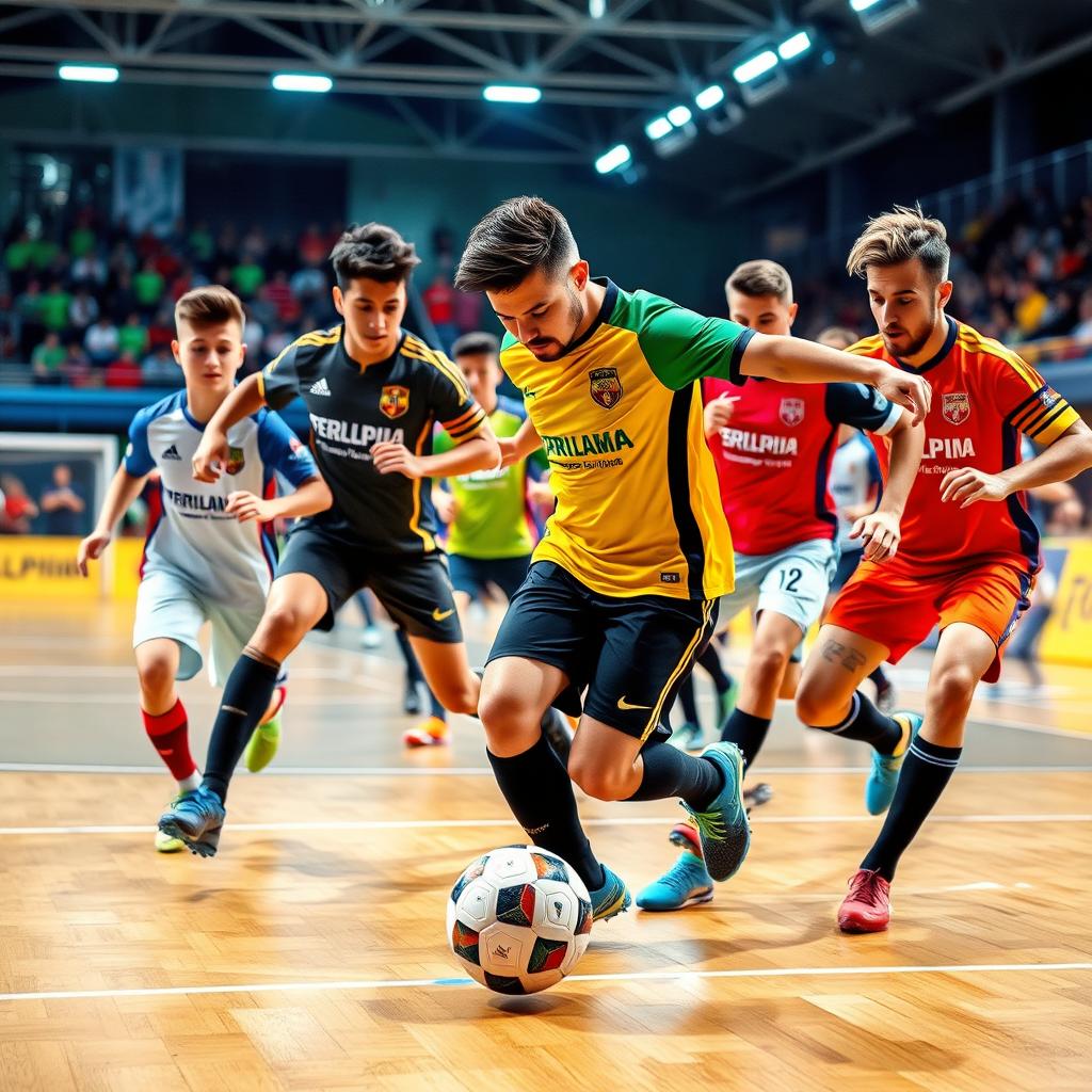 A dynamic and action-packed scene featuring futsal players in a competitive match
