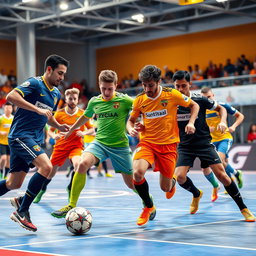 A dynamic and action-packed scene featuring futsal players in a competitive match