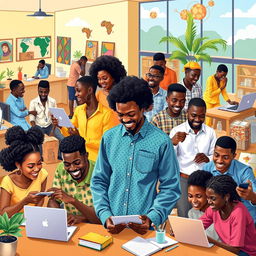 A vibrant and inspiring scene depicting the essence of entrepreneurship and innovation among African students