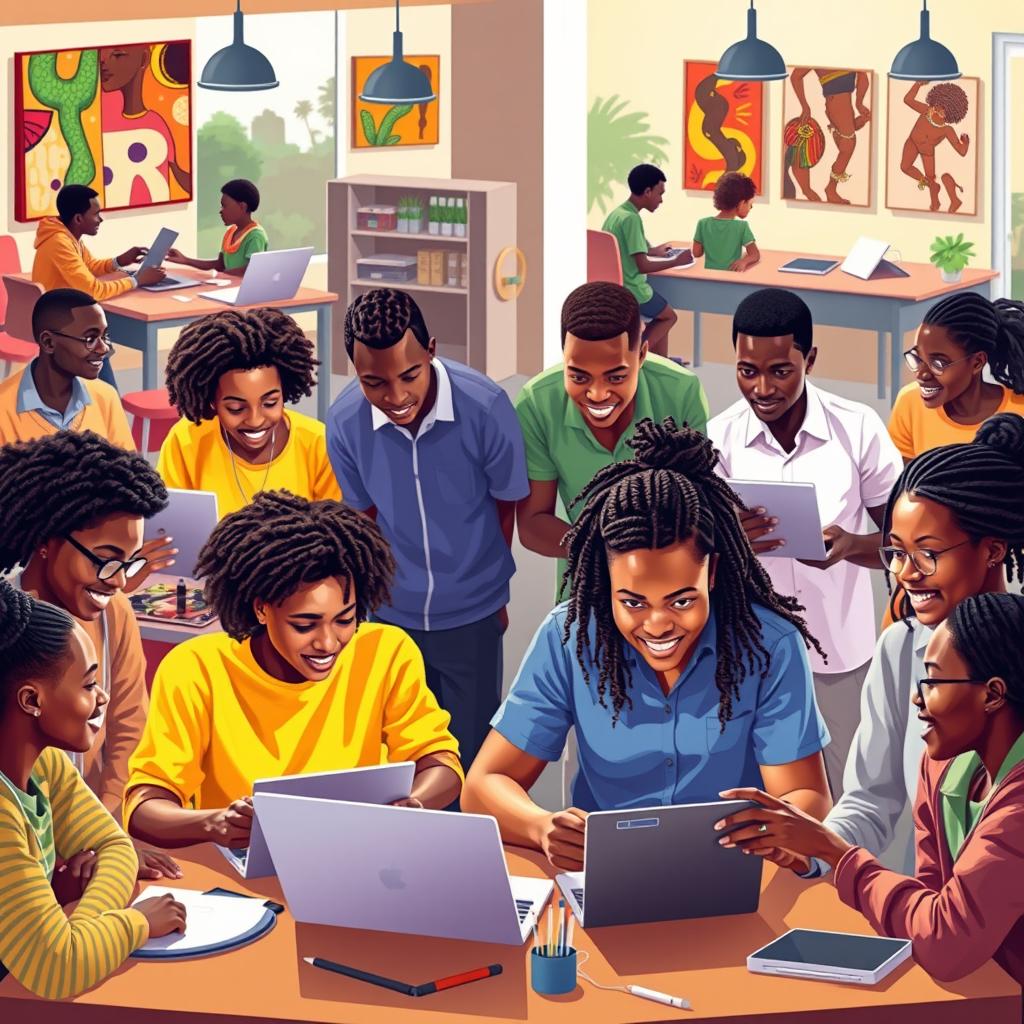 A vibrant and inspiring scene depicting the essence of entrepreneurship and innovation among African students