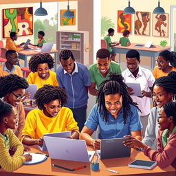 A vibrant and inspiring scene depicting the essence of entrepreneurship and innovation among African students