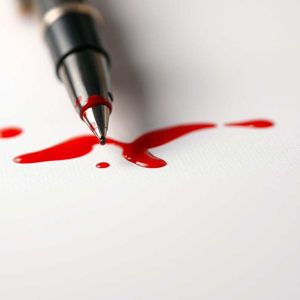 A detailed close-up of a ballpoint pen with bright red ink that appears to ooze and splatter, creating a dramatic effect