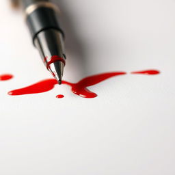 A detailed close-up of a ballpoint pen with bright red ink that appears to ooze and splatter, creating a dramatic effect