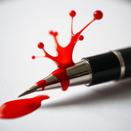 A detailed close-up of a ballpoint pen with bright red ink that appears to ooze and splatter, creating a dramatic effect