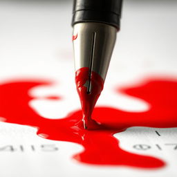 A detailed close-up of a ballpoint pen with bright red ink that appears to ooze and splatter, creating a dramatic effect
