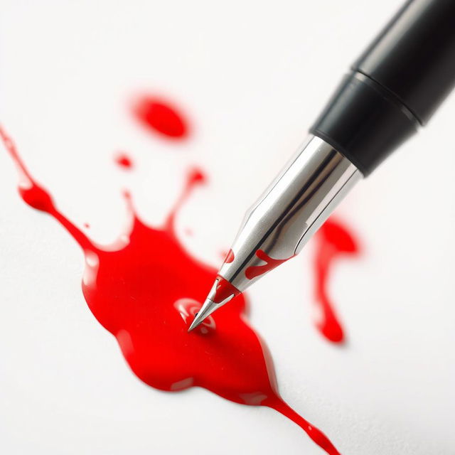 A detailed close-up of a ballpoint pen with bright red ink that appears to ooze and splatter, creating a dramatic effect