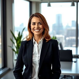 A professional portrait of a confident businesswoman in a modern office setting