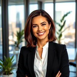 A professional portrait of a confident businesswoman in a modern office setting