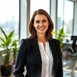 A professional portrait of a confident businesswoman in a modern office setting