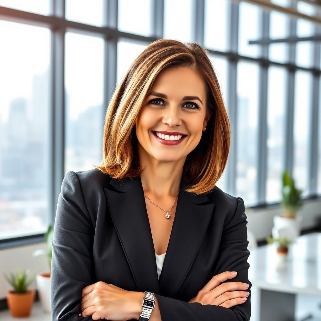 A professional portrait of a confident businesswoman in a modern office setting