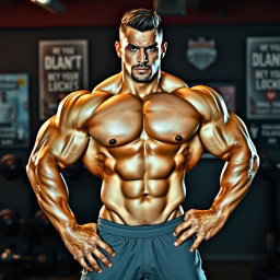 A super muscular male figure standing confidently with a powerful physique, showcasing bulging biceps, defined abs, and broad shoulders
