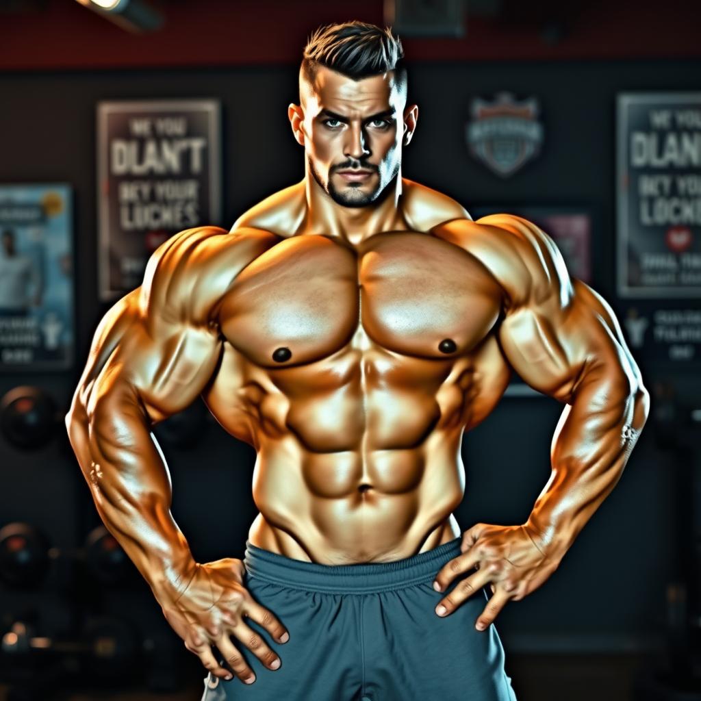 A super muscular male figure standing confidently with a powerful physique, showcasing bulging biceps, defined abs, and broad shoulders