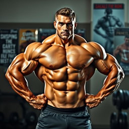A super muscular male figure standing confidently with a powerful physique, showcasing bulging biceps, defined abs, and broad shoulders