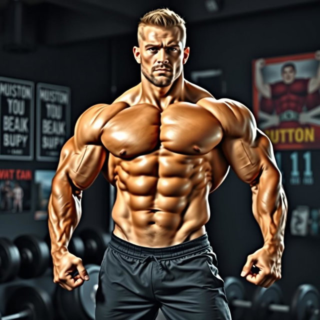 A super muscular male figure standing confidently with a powerful physique, showcasing bulging biceps, defined abs, and broad shoulders