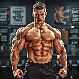 A super muscular male figure standing confidently with a powerful physique, showcasing bulging biceps, defined abs, and broad shoulders