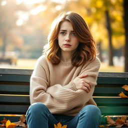 A poignant image of a 20-year-old girl with an expression of sadness, sitting on a park bench