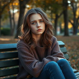 A poignant image of a 20-year-old girl with an expression of sadness, sitting on a park bench