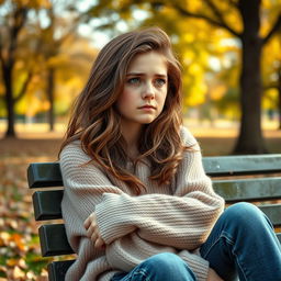 A poignant image of a 20-year-old girl with an expression of sadness, sitting on a park bench