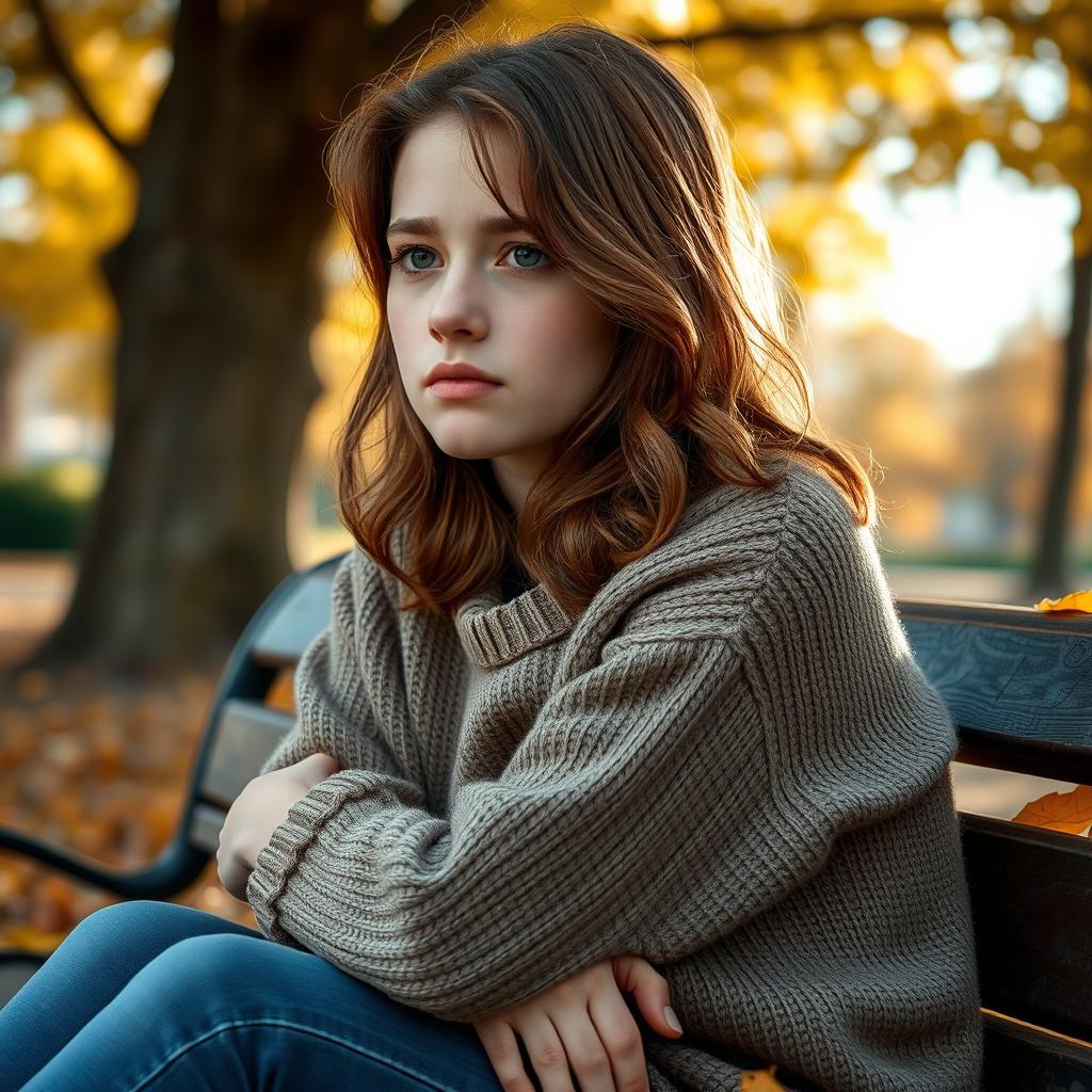 A poignant image of a 20-year-old girl with an expression of sadness, sitting on a park bench