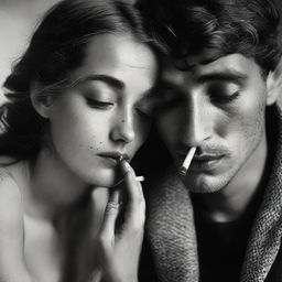 Alter the image to replace the young man with a young woman, still retaining the profound intensity in her eyes and the delicate hold on her cigarette. Her appearance reflects the same award-winning emotion and depth.