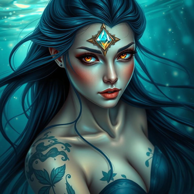 A beautiful water nymph with long flowing midnight blue hair cascading around her shoulders, her golden eyes with slits captivating and mystical