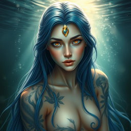 A beautiful water nymph with long flowing midnight blue hair cascading around her shoulders, her golden eyes with slits captivating and mystical