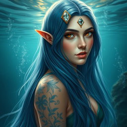 A beautiful water nymph with long flowing midnight blue hair cascading around her shoulders, her golden eyes with slits captivating and mystical