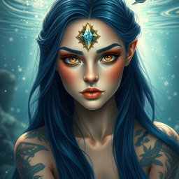 A beautiful water nymph with long flowing midnight blue hair cascading around her shoulders, her golden eyes with slits captivating and mystical