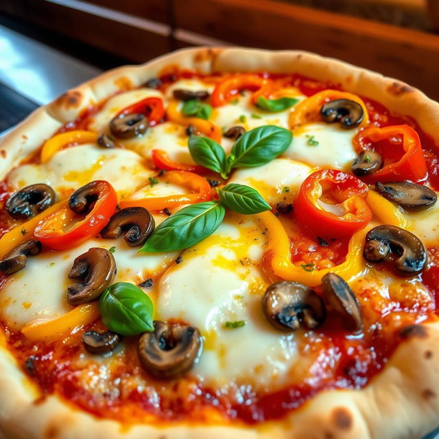 A delicious capsicum and mushroom pizza, showcasing a perfectly baked crust that is golden and slightly crispy