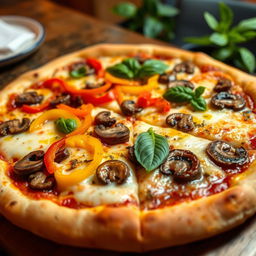 A delicious capsicum and mushroom pizza, showcasing a perfectly baked crust that is golden and slightly crispy