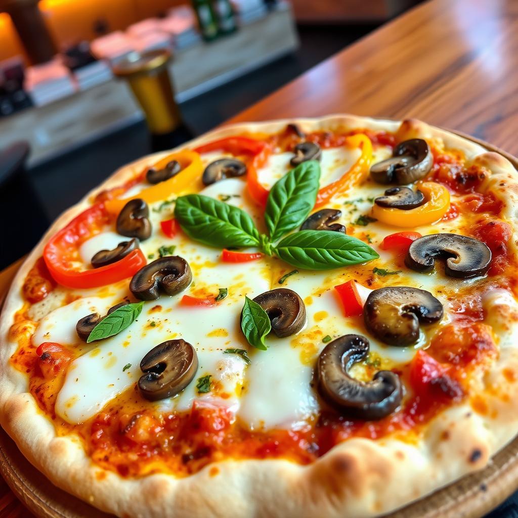 A delicious capsicum and mushroom pizza, showcasing a perfectly baked crust that is golden and slightly crispy