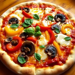 A delicious capsicum and mushroom pizza, showcasing a perfectly baked crust that is golden and slightly crispy