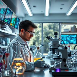 A scientist working intensely in a modern laboratory filled with various scientific equipment such as microscopes, test tubes, and beakers