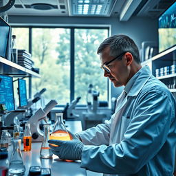 A scientist working intensely in a modern laboratory filled with various scientific equipment such as microscopes, test tubes, and beakers