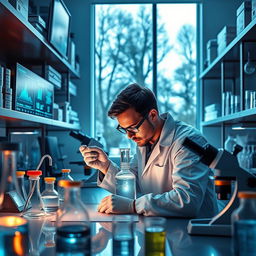 A scientist working intensely in a modern laboratory filled with various scientific equipment such as microscopes, test tubes, and beakers