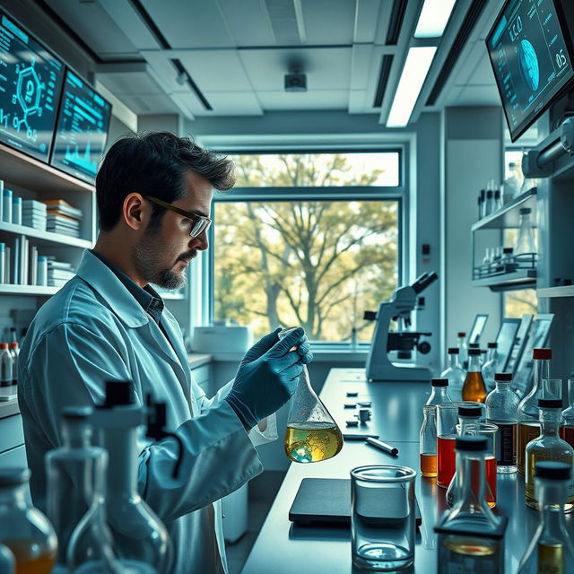 A scientist working intensely in a modern laboratory filled with various scientific equipment such as microscopes, test tubes, and beakers