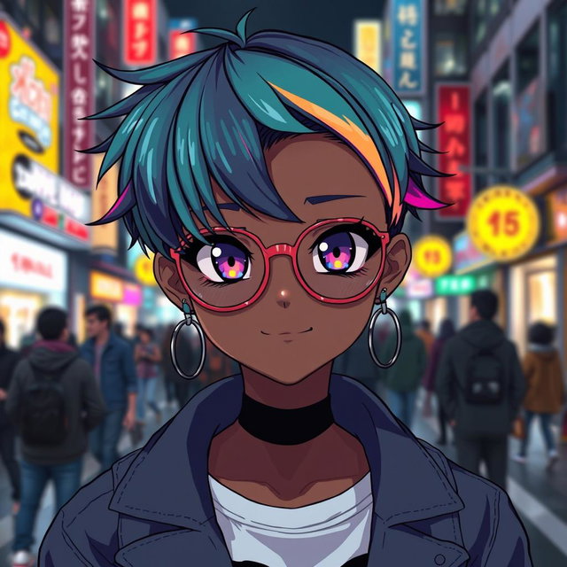 A stylish black anime girl with vibrant, expressive eyes, wearing fashionable glasses