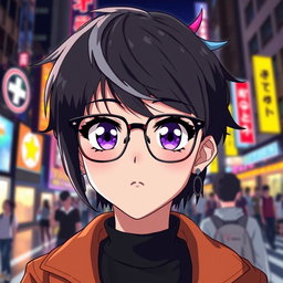 A stylish black anime girl with vibrant, expressive eyes, wearing fashionable glasses