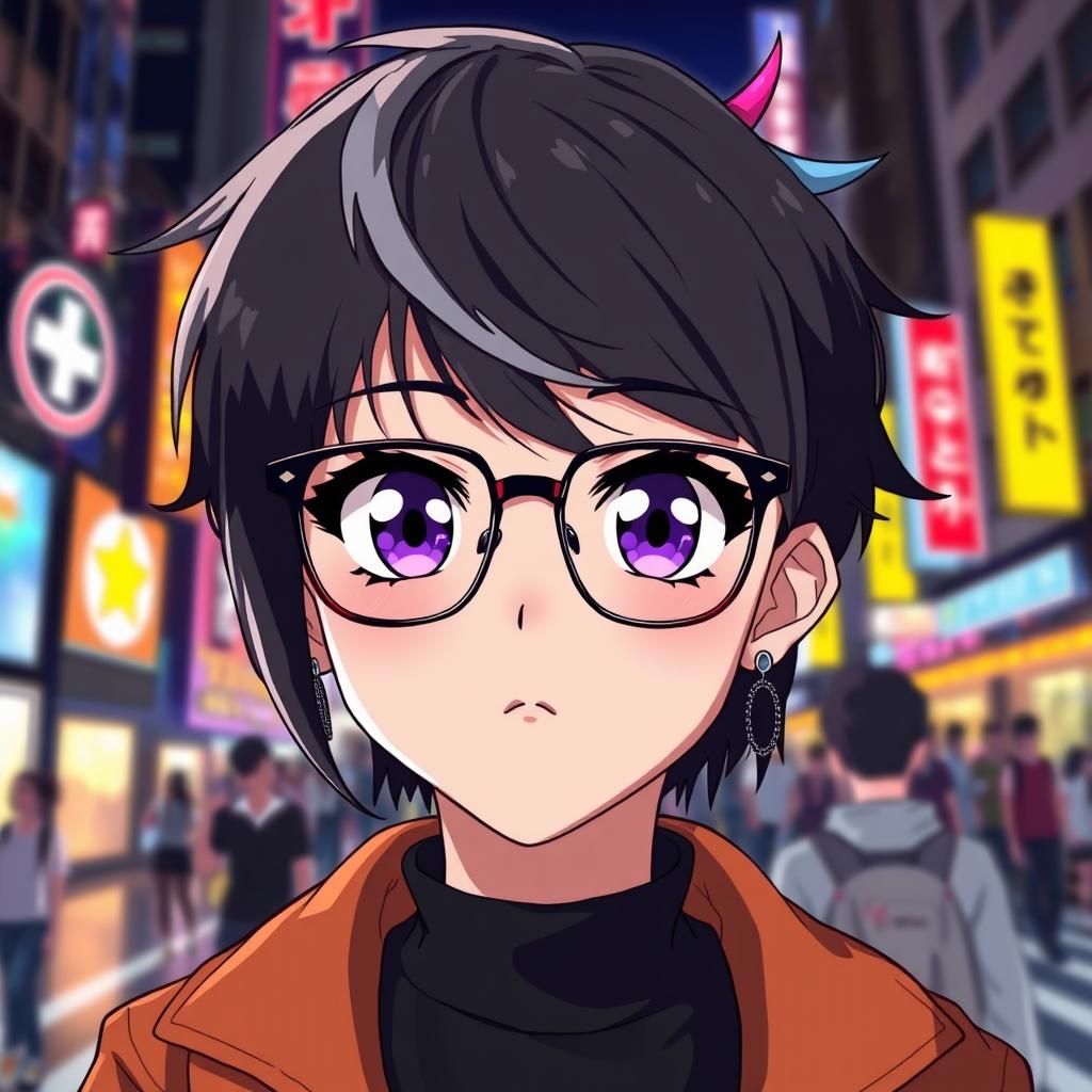 A stylish black anime girl with vibrant, expressive eyes, wearing fashionable glasses