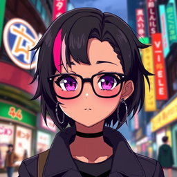 A stylish black anime girl with vibrant, expressive eyes, wearing fashionable glasses