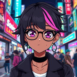 A stylish black anime girl with vibrant, expressive eyes, wearing fashionable glasses