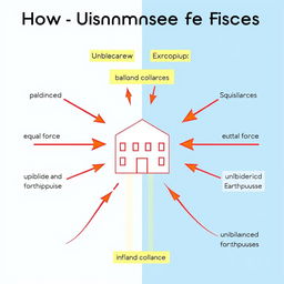 A detailed and informative diagram illustrating the concepts of balanced and unbalanced forces as they relate to how an earthquake affects a building