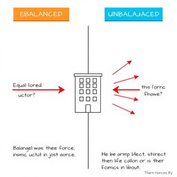 A detailed and informative diagram illustrating the concepts of balanced and unbalanced forces as they relate to how an earthquake affects a building
