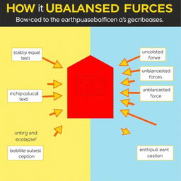 A detailed and informative diagram illustrating the concepts of balanced and unbalanced forces as they relate to how an earthquake affects a building