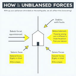 A detailed and informative diagram illustrating the concepts of balanced and unbalanced forces as they relate to how an earthquake affects a building