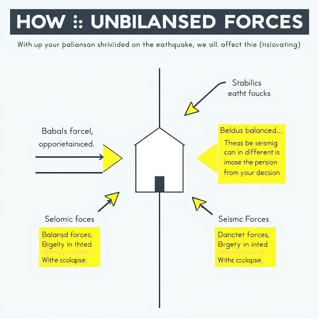 A detailed and informative diagram illustrating the concepts of balanced and unbalanced forces as they relate to how an earthquake affects a building