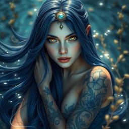 A mesmerizing water nymph with long, flowing midnight blue hair cascading around her shoulders