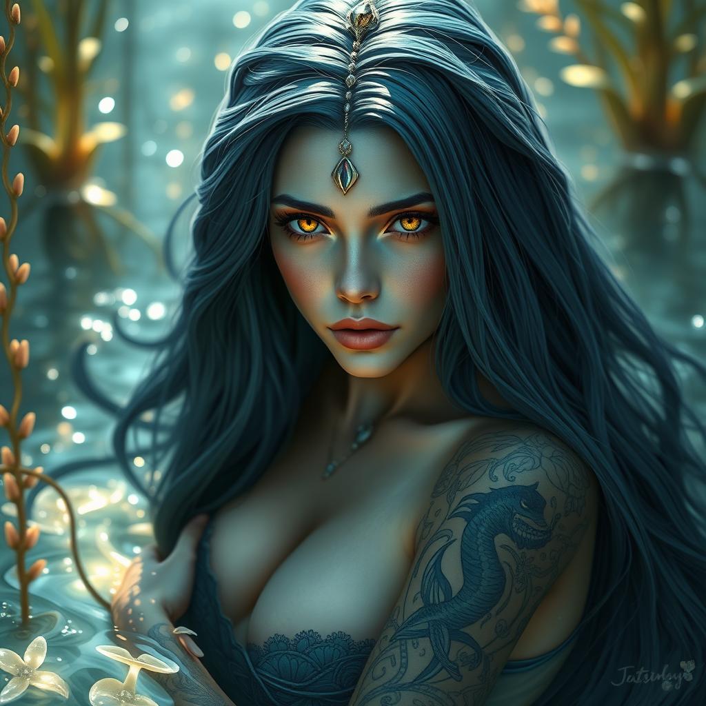A mesmerizing water nymph with long, flowing midnight blue hair cascading around her shoulders